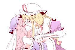 Rule 34 | 2girls, bare shoulders, blonde hair, blush, breasts, commentary, closed eyes, french kiss, gloves, hat, hat ribbon, kiss, kiss day, large breasts, long hair, minust, mob cap, multiple girls, off shoulder, pink hair, puffy short sleeves, puffy sleeves, ribbon, saigyouji yuyuko, short sleeves, simple background, touhou, triangular headpiece, undressing, white background, wide sleeves, yakumo yukari, yuri