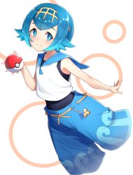 Rule 34 | 1girl, absurdres, bare arms, blue eyes, blue hair, blue pants, blue sailor collar, blush, bright pupils, closed mouth, commentary request, creatures (company), game freak, hairband, hand up, highres, holding, holding poke ball, lana (pokemon), m.tokotsu, nintendo, one-piece swimsuit, pants, poke ball, poke ball (basic), pokemon, pokemon (anime), pokemon sm (anime), sailor collar, shirt, short hair, sleeveless, sleeveless shirt, smile, solo, swimsuit, swimsuit under clothes, white pupils, white shirt, yellow hairband