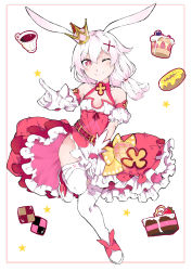 Rule 34 | 1girl, absurdres, animal ears, bare shoulders, border, cake, cake slice, closed mouth, crown, cup, cupcake, doughnut, dress, food, fox ears, full body, gloves, gorun98, hair between eyes, hair ornament, hairpin, highres, honkai (series), honkai impact 3rd, index finger raised, long hair, looking at viewer, one eye closed, pink dress, pink eyes, pink footwear, pointing, pointing at viewer, shoes, short sleeves, side ponytail, simple background, smile, solo, sweets, teacup, theresa apocalypse, theresa apocalypse (sakuno rondo), thighhighs, v-shaped eyebrows, white background, white gloves, white hair, white thighhighs