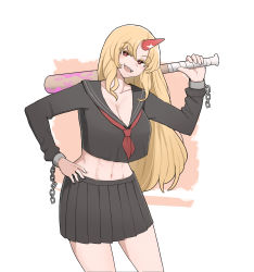 Rule 34 | 1girl, abs, alternate costume, baseball bat, black serafuku, black skirt, blonde hair, blush, breasts, cleavage, collarbone, colored eyelashes, commentary, cuffs, delinquent, english commentary, hand on own hip, head tilt, highres, horns, hoshiguma yuugi, large breasts, long hair, long sleeves, looking at viewer, mata (matasoup), midriff, muscular, muscular female, navel, neckerchief, oni horns, open mouth, parted bangs, pleated skirt, red eyes, red horns, red neckerchief, school uniform, serafuku, shackles, single horn, skirt, slit pupils, solo, sukeban, touhou