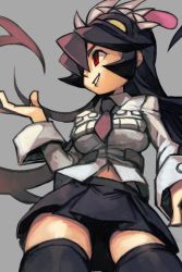 Rule 34 | 1girl, black hair, black skirt, black thighhighs, breasts, collared shirt, cowboy shot, extra mouth, filia (skullgirls), from below, grey background, hair between eyes, hungry clicker, large breasts, living hair, long hair, long sleeves, looking to the side, midriff, navel, necktie, pleated skirt, prehensile hair, purple necktie, red eyes, samson (skullgirls), shirt, sidelocks, simple background, skirt, skullgirls, smile, solo, thighhighs, zettai ryouiki