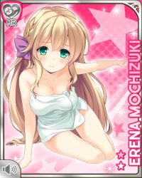 Rule 34 | 1girl, bare arms, bare legs, bare shoulders, barefoot, blonde hair, braid, breasts, card (medium), closed mouth, cyberagent, female focus, girlfriend (kari), green eyes, hair ribbon, large breasts, long hair, mochizuki erena, official art, pink background, pout, qp:flapper, ribbon, solo, tagme, towel, white towel