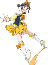 Rule 34 | 1girl, :d, boots, bow, commentary request, cosplay, crossover, cure honey, cure honey (cosplay), hair bow, happinesscharge precure!, happy, katayama minami, knee boots, long sleeves, looking at viewer, looking down, magical girl, open mouth, orange bow, precure, short twintails, simple background, sketch, skirt, smile, solo, twintails, umanosuke, wake up girls!, white background, white footwear, yellow skirt