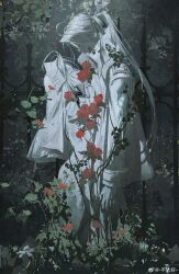 Rule 34 | 1boy, 1girl, abel nightroad, absurdres, bush, butai hao, closed eyes, commentary, dress, esther blanchett, flower, forest, from side, glasses, hetero, highres, long hair, long sleeves, nature, outdoors, ponytail, red flower, red rose, robe, rose, statue, straight hair, trinity blood, veil, very long hair, weibo watermark