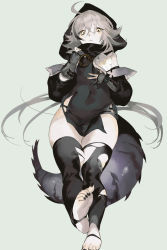 Rule 34 | 1girl, ahoge, arknights, black dress, black panties, black thighhighs, breasts, covered navel, crocodilian tail, dress, feet, flower, gloves, goggles, goggles around neck, grey background, grey hair, hand on own chest, hood, hoodie, kaifei (kaifei 29), long hair, looking at viewer, multicolored hair, nail polish, panties, partially fingerless gloves, pelvic curtain, short dress, simple background, small breasts, solo, stirrup legwear, streaked hair, tail, thighhighs, toeless legwear, toenail polish, toenails, tomimi (arknights), torn clothes, torn thighhighs, underwear, very long hair, yellow eyes