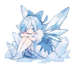 Rule 34 | 1girl, asakura maru, blue bow, blue dress, blue eyes, blue hair, bow, cirno, commentary request, detached wings, dress, fairy, hair bow, hugging own legs, ice, ice wings, legs together, looking at viewer, messy hair, no shoes, parted lips, pinafore dress, shirt, short hair, sitting, sleeveless, sleeveless dress, snow, socks, touhou, white background, white shirt, white socks, wings
