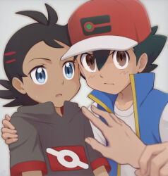 Rule 34 | 1other, 2boys, antenna hair, ash ketchum, baseball cap, black hair, blue eyes, blue jacket, blurry, brown eyes, closed mouth, commentary request, creatures (company), game freak, goh (pokemon), grey shirt, hair between eyes, hand on another&#039;s shoulder, hat, highres, holding another&#039;s wrist, jacket, kouzuki (reshika213), looking at viewer, multiple boys, nintendo, open clothes, open jacket, open mouth, pokemon, pokemon (anime), pokemon journeys, pov, pov hands, protecting, red headwear, shirt, short sleeves, sleeveless, sleeveless jacket, t-shirt, white shirt, yaoi
