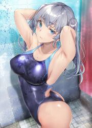 Rule 34 | 1girl, armpits, arms behind head, ass, bathroom, blue eyes, blue one-piece swimsuit, blush, breasts, collarbone, commentary request, competition swimsuit, from side, gentsuki, grey hair, highres, kimi omou koi, kuroe (kimi omou koi), large breasts, looking at viewer, looking to the side, one-piece swimsuit, shiny swimsuit, shower (place), shower curtain, showering, solo, swimsuit, tile wall, tiles, twintails, water drop, wet