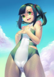 Rule 34 | 1girl, absurdres, asymmetrical bangs, bare shoulders, bodypaint, cameltoe, character request, cloud, day, detached collar, facepaint, fishnet pantyhose, fishnets, flat chest, green eyes, green hair, highres, inuki (aruurara), matching hair/eyes, open mouth, own hands clasped, own hands together, pantyhose, side ponytail, smile, solo, torn clothes, twintails