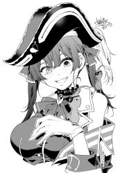 Rule 34 | 1girl, anchor symbol, ascot, bad id, bad twitter id, blush, breasts, brooch, coat, commentary request, cropped torso, dated, epaulettes, gloves, greyscale, grin, hair ribbon, hand on own chest, hat, heterochromia, hololive, houshou marine, jewelry, large breasts, looking at another, mizuryu kei, monochrome, nintendo, no eyepatch, off-shoulder coat, off shoulder, pikmin (creature), pikmin (series), pirate hat, ribbon, shirt, signature, simple background, sketch, sleeveless, sleeveless shirt, smile, solo, twintails, upper body, virtual youtuber, white background, white gloves