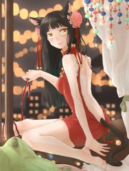 Rule 34 | 1girl, animal ears, ayu (sweetfish man), backless dress, backless outfit, barefoot, beads, bell, black hair, blurry, blurry background, bun cover, cat ears, cat tail, curtains, dress, artistic error, fang, full body, highres, indoors, jingle bell, long hair, looking at viewer, open mouth, original, pillow, red dress, sitting, solo, tail, wrong foot, yellow eyes