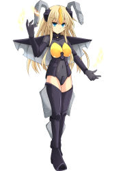 Rule 34 | 1girl, antennae, black footwear, black gloves, black leotard, blonde hair, blue eyes, boots, breasts, cross (crossryou), electricity, gloves, large breasts, leotard, lightning, long hair, looking at viewer, monster girl, personification, powered zetton, solo, thigh boots, thighhighs, ultra series, ultraman: the ultimate hero, ultraman (1st series), white background, wings, zetton