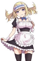Rule 34 | 1girl, absurdres, alternate costume, apron, black dress, black thighhighs, blonde hair, blue eyes, blush, breasts, dress, elfenlied22, enmaided, fate/grand order, fate (series), highres, large breasts, looking at viewer, maid, maid headdress, medium breasts, medium hair, pollux (fate), puffy short sleeves, puffy sleeves, short sleeves, smile, solo, thighhighs, white apron