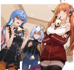 Rule 34 | 4girls, absurdres, ahoge, alternate costume, amane kanata, anemachi, anger vein, belt, black belt, black shirt, black sweater, black thighhighs, blank eyes, blonde hair, blue eyes, blue hair, blue pants, blue shirt, blush, bow, breast conscious, breast envy, breast hold, breasts, bubble tea, bubble tea challenge, camisole, casual, clenched teeth, clothes writing, colored inner hair, commentary, cowboy shot, crossed arms, denim, diagonal-striped bow, doukyo&#039;s, dragon horns, dragon tail, drinking straw, dropping, earrings, flat chest, flat chest joke, floral print, hair between eyes, hair down, highres, hololive, horns, hoshimachi suisei, hoshimachi suisei (streetwear), indoors, jacket, jeans, jewelry, kiryu coco, kiryu coco (loungewear), lace trim, large breasts, light blue hair, long hair, long sleeves, looking at viewer, looking down, motion blur, motion lines, multicolored hair, multiple girls, necklace, o-ring, o-ring legwear, o-ring thigh strap, off shoulder, official alternate costume, open mouth, orange eyes, orange pantyhose, outside border, pants, pantyhose, partially unzipped, pink eyes, pink hair, pointy ears, red jacket, ribbed sweater, ring, shirt, short hair, signature, silver hair, sleeveless, sleeveless shirt, small breasts, standing, streaked hair, sweatdrop, sweater, sweater tucked in, tail, teeth, thigh strap, thighhighs, track jacket, tsukino (nakajimaseiki), turtleneck, turtleneck sweater, twintails, two-tone hair, virtual youtuber, white camisole, zettai ryouiki