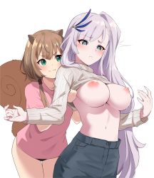 Rule 34 | 2girls, @ @, animal ears, assisted exposure, ayunda risu, black panties, blue eyes, blue pants, blush, breasts, brown hair, clothes lift, commentary, embarrassed, english commentary, feather hair ornament, feathers, green eyes, hair ornament, highres, hololive, hololive indonesia, large breasts, lifting another&#039;s clothes, long hair, long sleeves, low twintails, multiple girls, nipples, no bra, no pants, nonstop nut november, panties, pants, parted lips, pavolia reine, pink shirt, shirt, short sleeves, side ponytail, simple background, sitting, smile, squirrel ears, squirrel girl, squirrel tail, sweater, sweater lift, t-shirt, tail, twintails, underwear, very long hair, virtual youtuber, white background, white hair, white sweater, yuyu5x