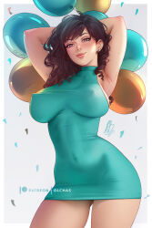 Rule 34 | armpits, arms behind head, artist name, balloon, blue dress, breasts, brown eyes, brown hair, commentary, cowboy shot, dress, earrings, english commentary, jewelry, large breasts, lips, long hair, looking at viewer, olchas, paid reward available, real life, sideboob, signature, smile, stud earrings, tight clothes, tight dress, wavy hair