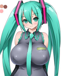 Rule 34 | 1girl, arms behind back, bare shoulders, breasts, covered erect nipples, detached sleeves, frilled shirt, frills, green eyes, green hair, hair between eyes, hair ornament, hatsune miku, huge breasts, impossible clothes, light smile, long hair, looking at viewer, matching hair/eyes, necktie, onomeshin, shirt, simple background, sleeveless, sleeveless shirt, smile, solo, twintails, upper body, vocaloid, white background, wide hips, wing collar