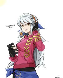 Rule 34 | absurdres, alternate costume, bird, black gloves, black knight (fire emblem), blue scarf, breasts, cellphone, character name, cowboy shot, fingerless gloves, fire emblem, fire emblem: radiant dawn, fire emblem heroes, gloves, hair ornament, hair ribbon, hairclip, hand on own ear, headphones, highres, hood, hoodie, light, long hair, looking at viewer, medium breasts, micaiah (fire emblem), nintendo, phone, ribbon, saiykik, sarong, scarf, sidelocks, signature, silver hair, simple background, smartphone, smile, solo focus, sothe, star (symbol), sun, sunglasses, undershirt, white background, yellow eyes, yune (fire emblem)