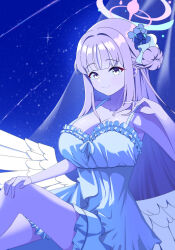 Rule 34 | 1girl, absurdres, angel wings, blue archive, breasts, cleavage, closed mouth, collarbone, dress, feathered wings, flower, hair bun, hair flower, hair ornament, halo, highres, large breasts, long hair, mika (blue archive), pink hair, pink halo, purple flower, sglike365, single side bun, smile, solo, white dress, white wings, wings, yellow eyes