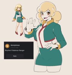 Rule 34 | 1girl, :d, blonde hair, blush, brown eyes, commentary request, creatures (company), game freak, green jacket, green skirt, hand on own hip, hand up, highres, jacket, long sleeves, looking at viewer, miniskirt, multiple views, nintendo, nyantcha, open mouth, pokemon, pokemon ranger, pokemon ranger 2, rhythmi (pokemon), skirt, smile