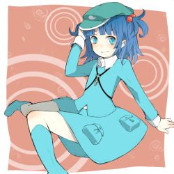 Rule 34 | 1girl, blue eyes, blue hair, boots, female focus, hair bobbles, hair ornament, hat, kawashiro nitori, key, matching hair/eyes, sailor antei, solo, touhou, twintails, two side up