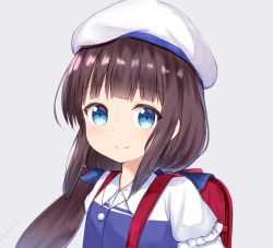 Rule 34 | 1girl, backpack, bag, blue eyes, blush, brown hair, commentary request, dot nose, face, grey background, hair ornament, hat, hinatsuru ai, kanekan, long hair, looking at viewer, low ponytail, ponytail, red bag, ryuuou no oshigoto!, school uniform, simple background, smile, solo, white hat