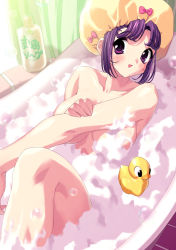 Rule 34 | 1girl, bath, bathtub, bubble, foam, konsu konsuke, maria (private nurse), nude, private nurse, purple eyes, purple hair, rubber duck, smile, solo