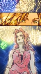 1boy 1girl aerith_gainsborough aerith_gainsborough_(red_dress) aqua_eyes armlet bare_shoulders blonde_hair breasts brown_hair cleavage cloud_strife dress final_fantasy final_fantasy_vii final_fantasy_vii_remake fireworks flamenco_dress flower from_below hair_flower hair_ornament highres jewelry looking_at_another medium_breasts multiple_necklaces official_alternate_costume parted_bangs parted_lips rakugaki_sanhai red_dress red_flower sidelocks strapless strapless_dress