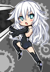 Rule 34 | 10s, 1girl, ass, bad id, bad pixiv id, black heart (neptunia), blue eyes, blush, breasts, chibi, cleavage, full body, kamia (not found), long hair, looking at viewer, neptune (series), noire (neptunia), open mouth, power symbol-shaped pupils, solo, sword, symbol-shaped pupils, very long hair, weapon, white hair