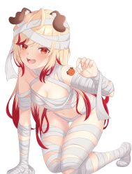 Rule 34 | 1girl, animal ear fluff, animal ears, arm tattoo, bandages, blonde hair, blush, breasts, brown eyes, cleavage, commentary request, dog ears, dog girl, fangs, full body, halloween costume, highres, jack-o&#039;-lantern tattoo, kneeling, long hair, looking at viewer, medium breasts, multicolored hair, mummy costume, naked bandage, nanashi inc., navel, open mouth, red eyes, red hair, rin (0917608), seshima rui, simple background, smile, solo, tattoo, transparent background, two-tone hair, virtual youtuber