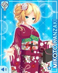 Rule 34 | 1girl, alternate hairstyle, blonde hair, blue background, bow, breasts, character name, closed mouth, girlfriend (kari), green eyes, hair bun, japanese clothes, jewelry, kanzaki mikoto, kimono, large breasts, long hair, nurse, official art, pink bow, purple kimono, qp:flapper, shirt, single hair bun, smile, solo, standing, tagme