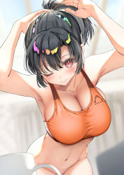Rule 34 | 1girl, adjusting hair, armpits, asahina hikage, black hair, blush, bottomless, breasts, cleavage, closed mouth, collarbone, commentary request, convenient censoring, crop top, cup, highres, large breasts, looking at viewer, navel, one eye closed, original, ponytail, red eyes, short hair, smile, solo