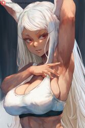 Rule 34 | 1girl, animal ears, arm behind head, arm up, armpits, bare shoulders, boku no hero academia, breasts, cleavage, commentary, covered erect nipples, dark-skinned female, dark skin, highres, lady shin, large breasts, long eyelashes, long hair, looking at viewer, mirko, parted lips, patreon username, presenting armpit, rabbit ears, rabbit girl, red eyes, smile, solo, sports bra, spread armpit, swept bangs, toned, upper body, white hair, white sports bra