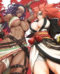 Rule 34 | 2girls, abs, anagumasan, baiken, bandages, belt, black gloves, blue eyes, breasts, cleavage, dark-skinned female, dark skin, darli dagger, dreadlocks, fingerless gloves, from below, frown, gloves, grin, guilty gear, headband, highres, holding, holding weapon, japanese clothes, large breasts, long hair, looking at viewer, multiple belts, multiple girls, muscular, muscular female, navel, open mouth, ponytail, samurai spirits, scar, scar across eye, shoulder tattoo, side-by-side, smile, tattoo, teeth, thick thighs, thighs, underboob, weapon