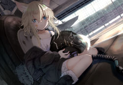 Rule 34 | 1girl, animal ear fluff, animal ears, bandaid, bandaid on face, bare shoulders, black footwear, black helmet, black jacket, blonde hair, blue eyes, boots, collarbone, commentary request, day, dot nose, dutch angle, fur-trimmed boots, fur collar, fur trim, hair between eyes, hair over eyes, helmet, holding, holding helmet, indoors, jacket, long sleeves, looking at viewer, nail polish, original, pink nails, shiromiso, short hair, sidelocks, sitting, sleeve cuffs, solo, sunlight, tank top, tire, white tank top