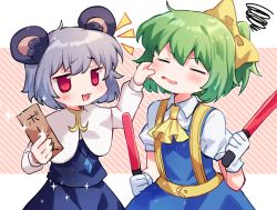 Rule 34 | 2girls, :3, animal ears, ascot, black skirt, black vest, blouse, blue dress, blush, bow, capelet, cheek pinching, cheek pull, closed eyes, commentary request, cookie (touhou), cowboy shot, daiyousei, diyusi (cookie), dress, gloves, green hair, grey hair, hair bow, high-visibility vest, holding, looking at another, medium hair, mouse ears, multiple girls, nazrin, nyon (cookie), open mouth, pinafore dress, pinching, ponytail, red eyes, shirt, short hair, skirt, sleeveless dress, touhou, traffic baton, vest, white background, white capelet, white gloves, white shirt, xox xxxxxx, yellow ascot, yellow bow