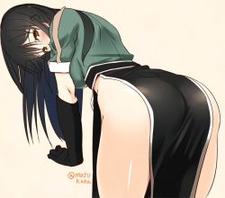 Rule 34 | 10s, 1girl, arm support, ass, bare hips, black gloves, black hair, blush, brown eyes, chikuma (kancolle), covered mouth, elbow gloves, gloves, head tilt, kantai collection, leaning forward, long hair, looking at viewer, looking back, matsukawa (pale scarlet), no panties, pelvic curtain, side slit, solo, thighs, twitter username