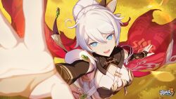 Rule 34 | 1girl, ahoge, cape, chinese clothes, eyebrows hidden by hair, grass, highres, honkai (series), honkai impact 3rd, kiana kaslana, kiana kaslana (herrscher of flamescion), logo, looking at viewer, official alternate costume, official art, official wallpaper, red cape, smile, solo, solo focus