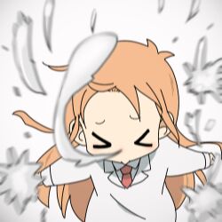 Rule 34 | &gt; &lt;, 1girl, blurry, blurry foreground, closed eyes, coat, collared shirt, commentary, floating hair, komugiko, lab coat, long hair, long sleeves, lowres, necktie, nichijou, orange hair, outstretched arms, professor shinonome, red necktie, shirt, simple background, sneezing, snot, solo, splashing, spread arms, white background, white coat, white shirt