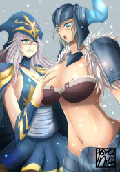 Rule 34 | 2girls, areola slip, armor, ashe (league of legends), blue eyes, blush, grabbing another&#039;s breast, breasts, clenched teeth, deep skin, grabbing, grey hair, highres, large breasts, league of legends, long hair, multiple girls, navel, open mouth, sejuani, snow, teeth, torahimemax