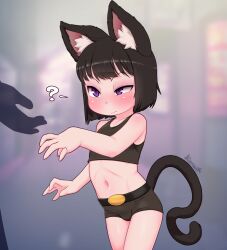 Rule 34 | 1girl, 1other, animal ear fluff, animal ears, belt, black hair, black shorts, blush, bob cut, cat ears, cat tail, closed mouth, highres, kionant, navel, original, outstretched arm, purple eyes, shorts, signature, slit pupils, solo focus, standing, tail, uneven eyes