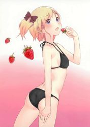 Rule 34 | 1girl, absurdres, ass, bare shoulders, bikini, black bikini, blonde hair, blue eyes, blush, bow, breasts, cover, cover page, eating, face, food, fruit, fruit background, gradient background, hair bow, halterneck, highres, holding, holding food, holding fruit, kishida mel, looking at viewer, open mouth, original, short ponytail, short twintails, side ponytail, sideboob, simple background, small breasts, solo, strawberry, string bikini, swimsuit, third-party edit, twintails