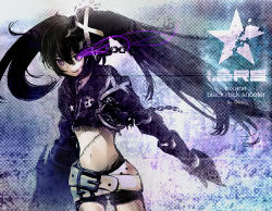 Rule 34 | 10s, 1girl, armor, bad id, bad pixiv id, belt, belt skirt, black hair, black rock shooter, fangs, glowing, glowing eyes, insane black rock shooter, midriff, navel, ovos, purple eyes, scar, short shorts, shorts, smile, solo, stitches, twintails, uneven twintails