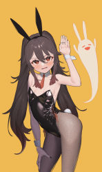 Rule 34 | 1girl, absurdres, animal ears, black nails, blush, brown hair, flat chest, flower-shaped pupils, genshin impact, ghost, highres, hu tao (genshin impact), jewelry, leotard, long hair, looking at viewer, mash illust, nail polish, open mouth, playboy bunny, rabbit ears, rabbit tail, red eyes, ring, symbol-shaped pupils, tail, tassel, thighs, twintails, yellow background