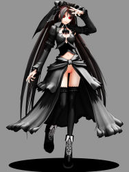 Rule 34 | 1girl, 3d, ascot, black hair, black sclera, boots, calne ca (deino), colored sclera, deino (deino3330), dress, full body, gothic lolita, grey background, hair ribbon, highres, jewelry, lolita fashion, long hair, looking at viewer, multicolored hair, nail polish, navel, no panties, original, pussy, red eyes, red hair, revealing clothes, ribbon, ring, showgirl skirt, simple background, solo, thigh gap, thighhighs, twintails, uncensored, very long hair, vocaloid, waist cape