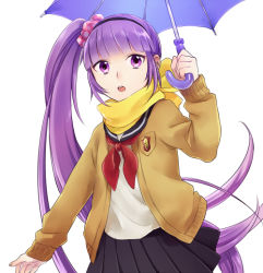 Rule 34 | 1girl, bad id, bad pixiv id, female focus, maruishi, official alternate costume, purple hair, scarf, school uniform, scrunchie, side ponytail, simple background, skirt, solo, sophie (tales), tales of (series), tales of graces, umbrella, white background