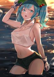 Rule 34 | 1girl, arm up, backlighting, bare arms, bare shoulders, black shorts, blue eyes, blue hair, blurry, blurry foreground, blush, breasts, cleavage, cowboy shot, crop top, gloves, green hat, hair bobbles, hair ornament, hat, highres, jewelry, kawashiro nitori, key, key necklace, large breasts, looking at viewer, midriff, navel, necklace, no bra, open mouth, outdoors, round teeth, satoupote, short shorts, shorts, sidelocks, solo, stomach, tank top, teeth, thighs, touhou, twintails, upper teeth only, wading, water, water drop, wet, wet clothes, white tank top