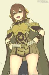Rule 34 | 1girl, armor, artist name, boobplate, bracelet, bracer, breastplate, brown eyes, brown hair, cape, clenched hands, delthea (fire emblem), dress, fantasy, fire emblem, fire emblem echoes: shadows of valentia, gofelem, hair between eyes, jewelry, looking down, nintendo, off shoulder, open mouth, smile, solo, unfinished, yellow background, yellow dress