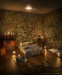 Rule 34 | 3d, blanket, book, book stack, cabinet, candle, ceiling, ceiling light, chair, drawer, folding chair, highres, indoors, interior, mattress, no humans, original, pentagon (shape), pillow, scenery, surafin, wall, wallpaper (object), wire, wooden floor, wooden wall