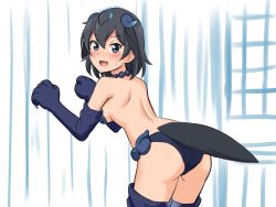 Rule 34 | 1girl, :d, animal hands, ass, bare back, black eyes, black gloves, black hair, blush, breasts, claw pose, cosplay, elbow gloves, gloves, head wings, highres, kemono friends, leaning forward, looking at viewer, looking back, medium breasts, open mouth, paw gloves, shiisaa right, shiisaa right (cosplay), shiraha maru, short hair, shoulder blades, smile, solo, superb bird-of-paradise (kemono friends), sweatdrop, tail, thighhighs, twitter username, wings